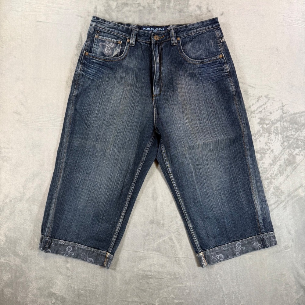 Koman Jeans Baggy Cropped Jeans Men's Size 40 Dark Blue Cuffed Paisley Denim